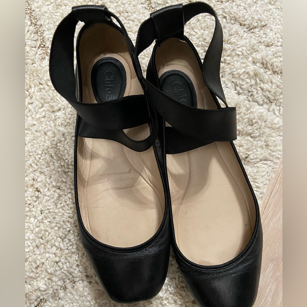 Black leather Chloé square-toe flats ballerina ballet